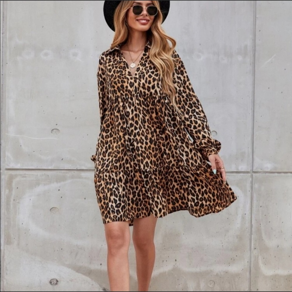 New leopard print babydoll dress large